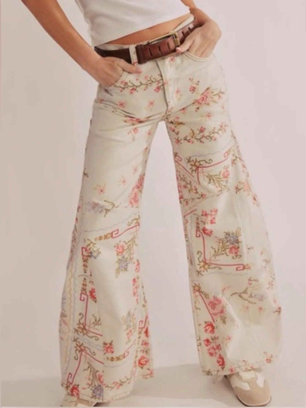 NWT Free People We the Free Eden Printed Slouchy Jeans Ivory Combo Cross Stitch